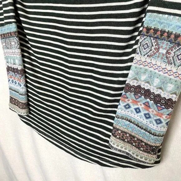 Oddy Striped Long Raglan Sleeve Sweater Top Pullover Geometric Green White - Picture 4 of 11